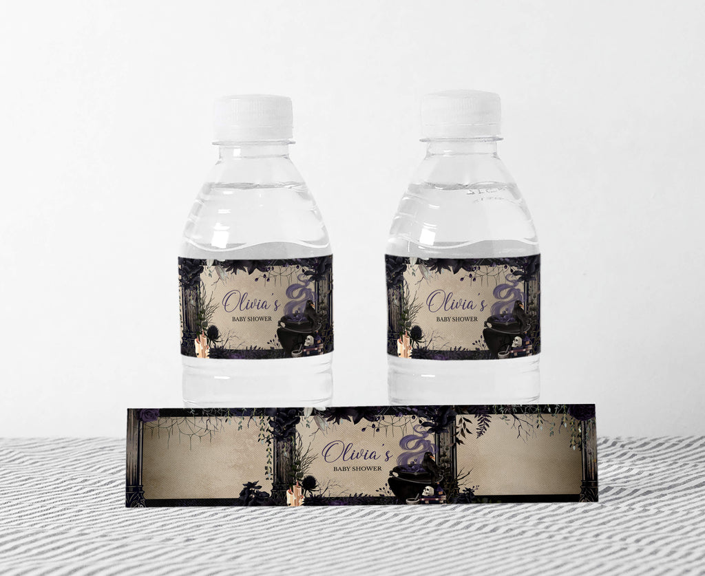 Halloween baby shower bottle labels with gothic cauldron and purple floral design