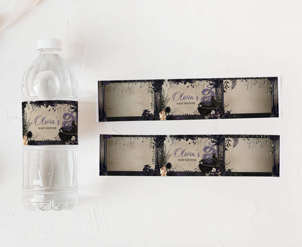 Spooky witchy baby shower water bottle wraps with crow and skull artwork