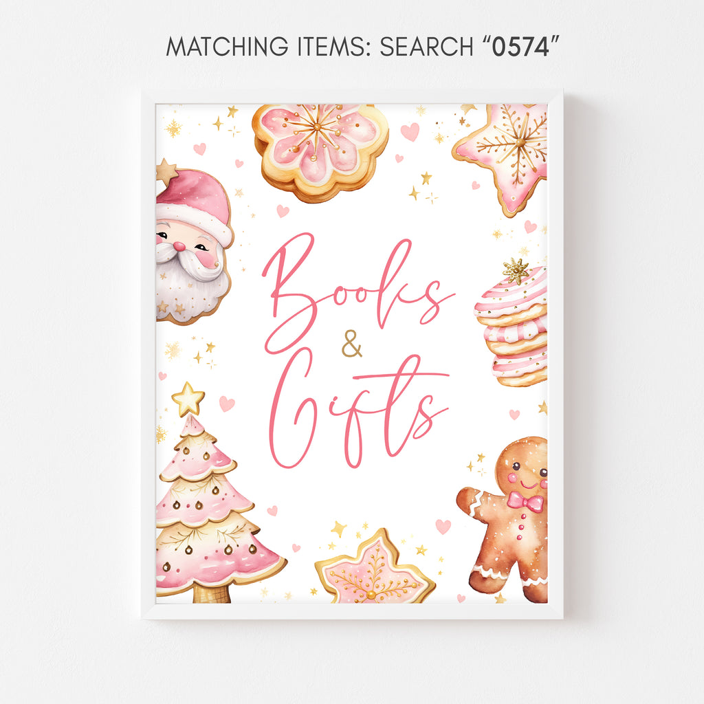 Baby girl Christmas shower books and gifts sign | Pink cookie holiday party design