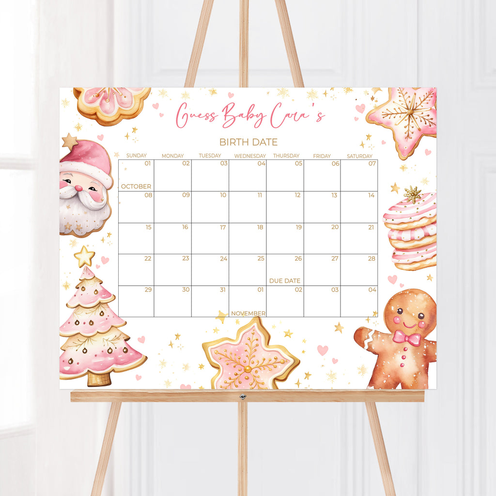 Festive pink Christmas baby girl shower due date calendar | Cookie themed party game