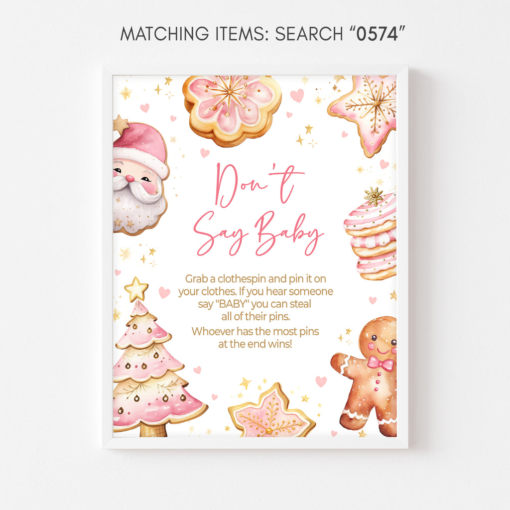 Holiday baby girl shower don’t say baby game sign | Pink Christmas cookie printable