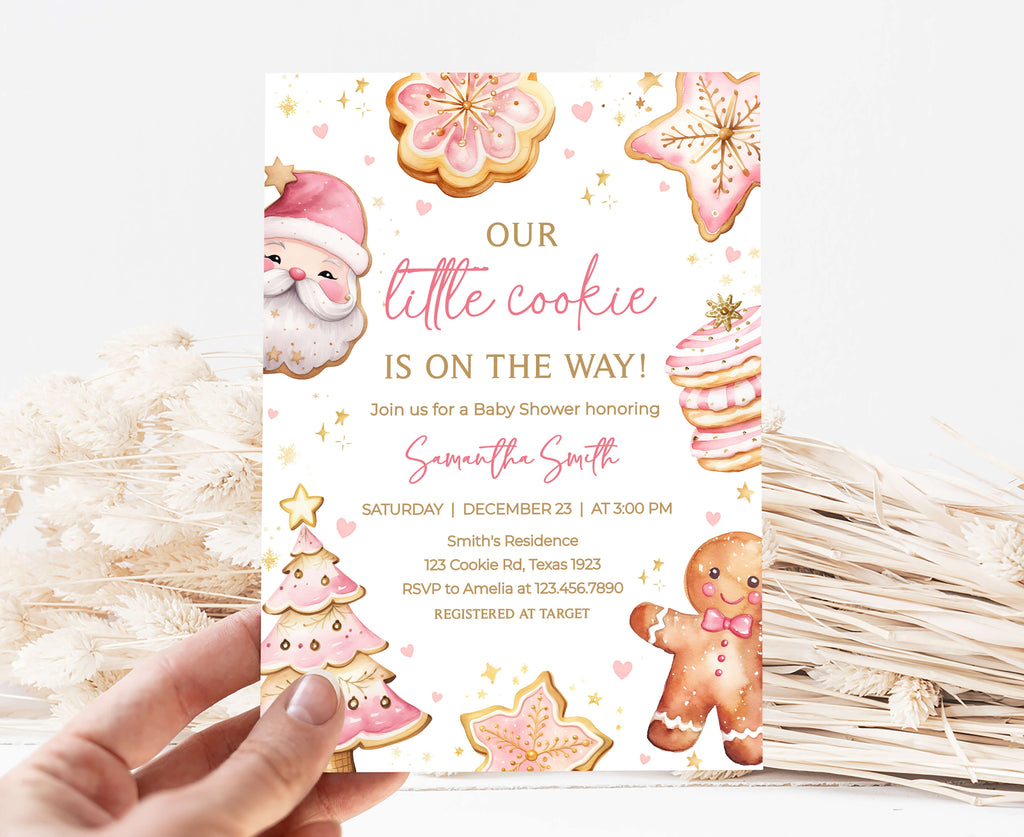 Pink Christmas baby shower invitation for girl, Baby girl holiday cookie shower invite printable