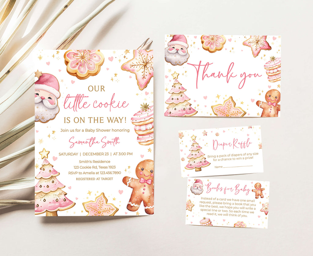 Complete baby girl Christmas shower invitation set | Pink cookie holiday themed design