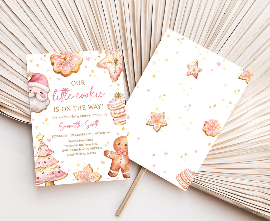 Christmas Baby Shower Invitation Girl | Pink Cookie Holiday Theme, Editable Gingerbread Baby Girl Shower Invite | Printable Holiday Template