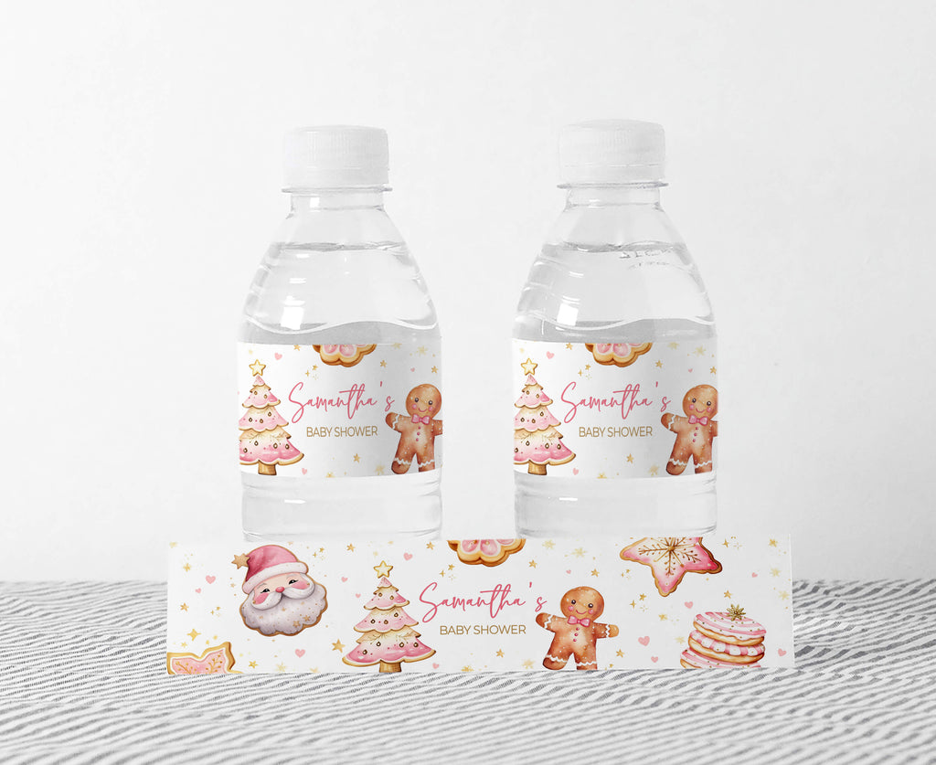 Pink Christmas baby girl shower bottle labels | Cookie holiday themed party decor