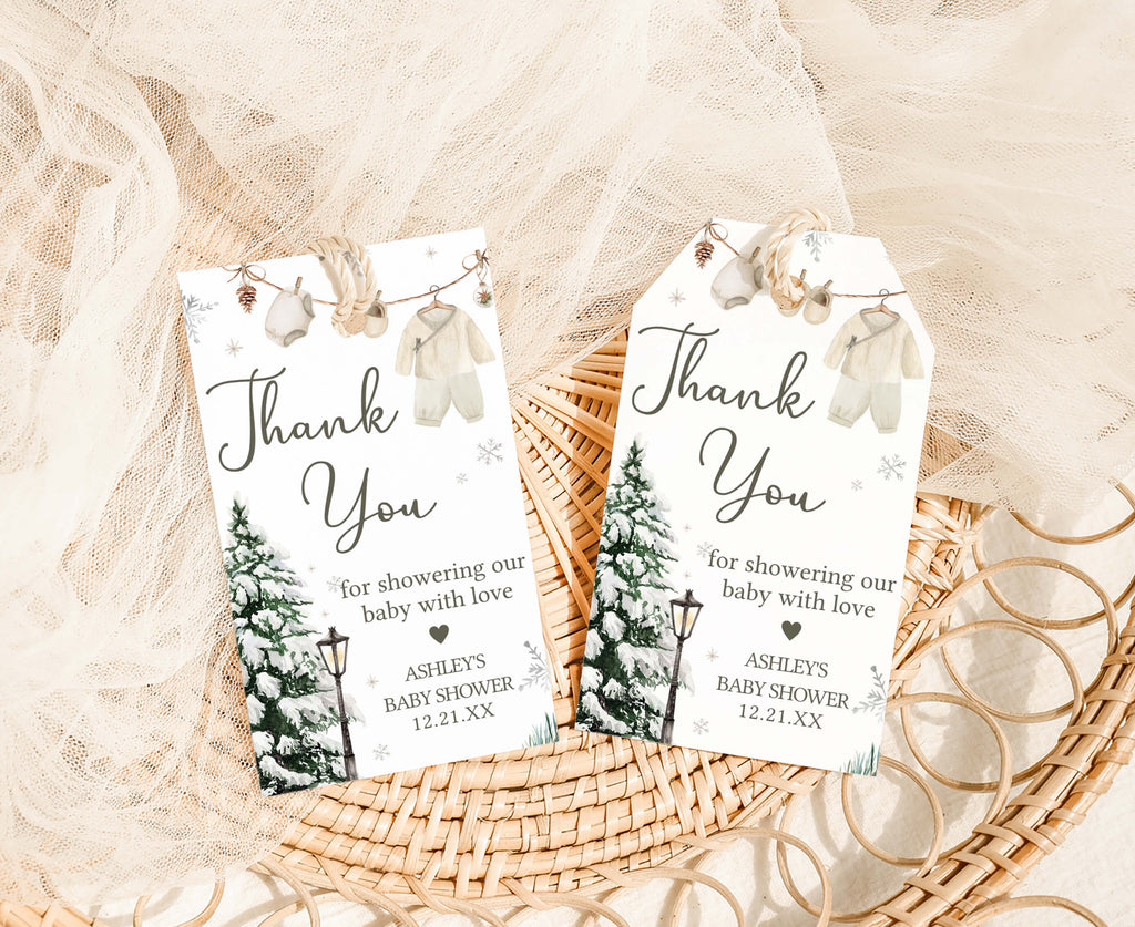 Rustic Christmas baby shower favor tags, neutral holiday party decorations with snowy pine tree design