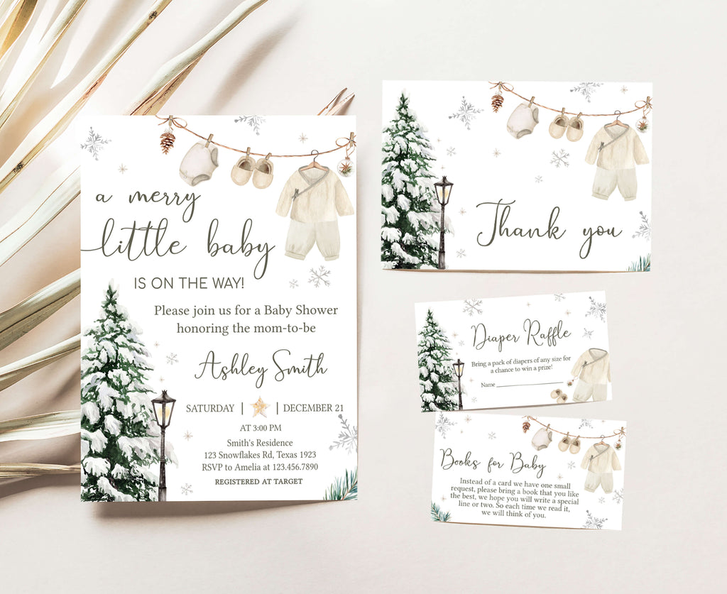 Neutral Christmas baby shower invitation set, rustic winter holiday stationery with snowy tree and pinecones