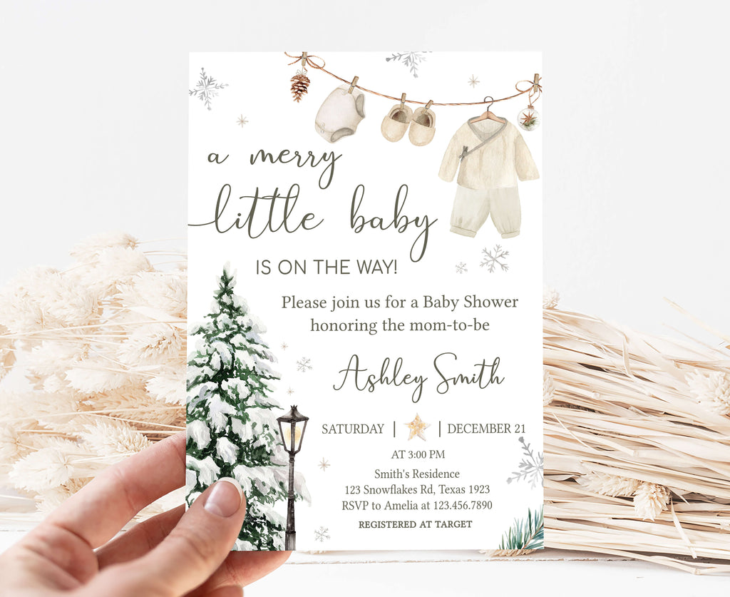 Gender neutral Christmas baby shower invitation template, Printable holiday baby shower invite for winter celebrations