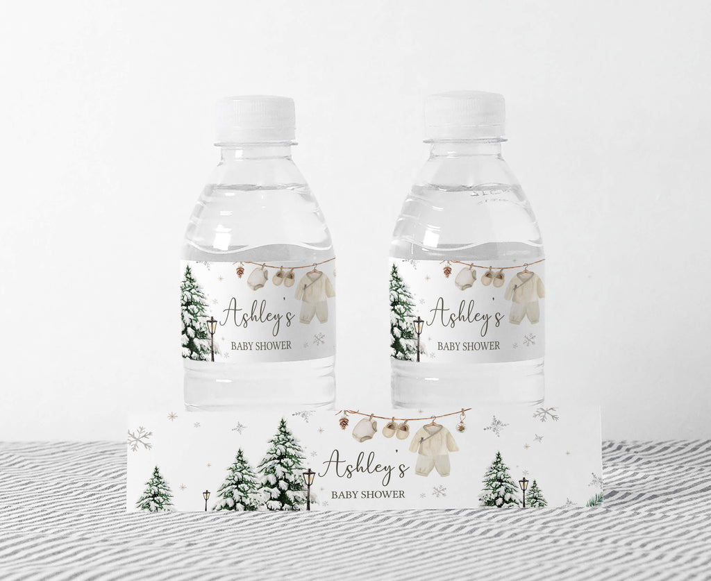 Christmas baby shower bottle labels, gender neutral holiday design with snowy pine and rustic winter theme