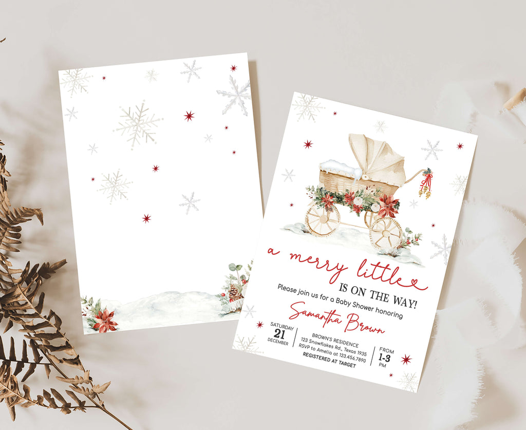 Rustic Christmas baby shower invitation with poinsettias, neutral baby shower invitation for winter holidays