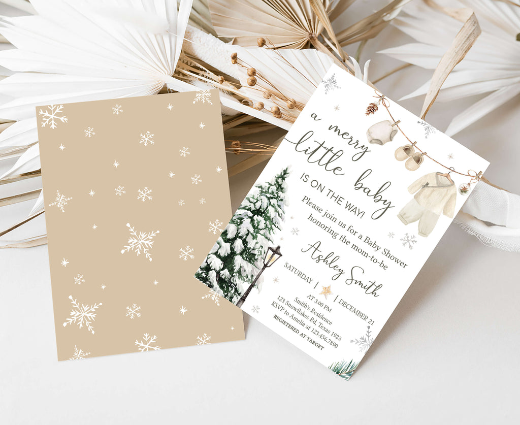 Rustic snowy Christmas baby shower invitation card, Editable winter baby shower invitation for boy or girl