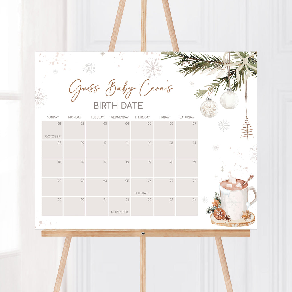 Printable Christmas baby shower due date calendar game with winter theme