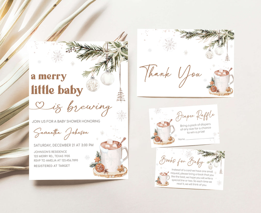 Neutral Christmas baby shower invitation set with winter greenery and holiday theme