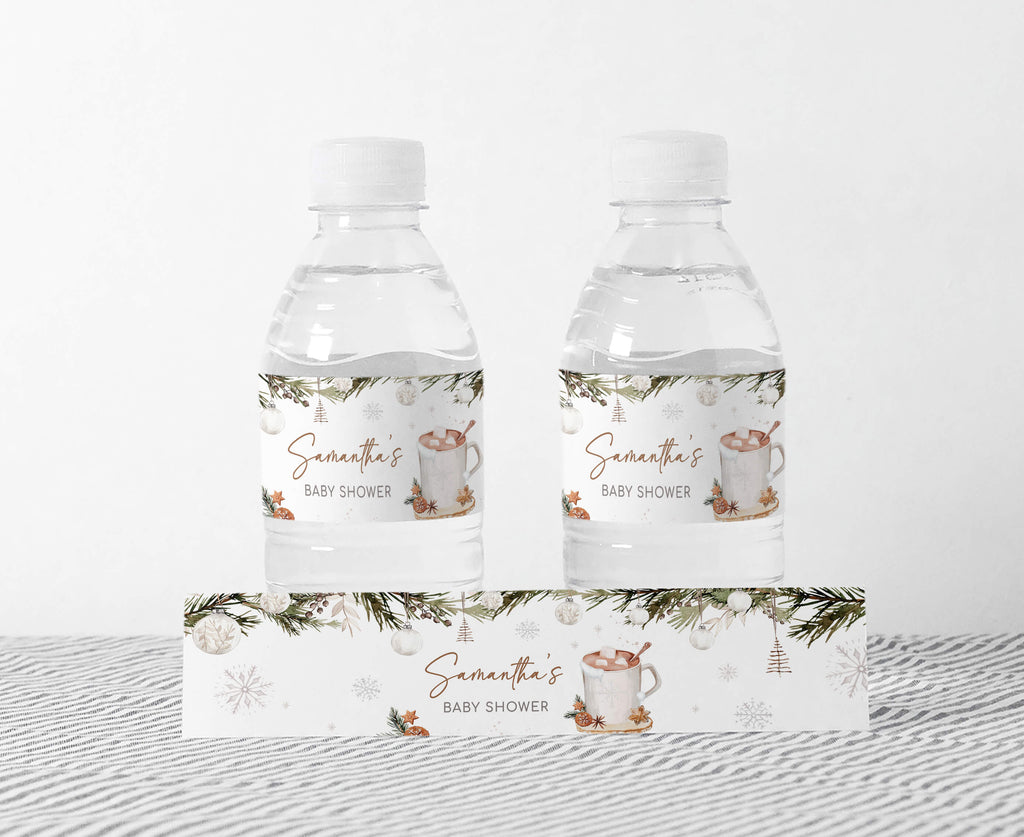 Christmas baby shower bottle labels with festive greenery and neutral holiday design