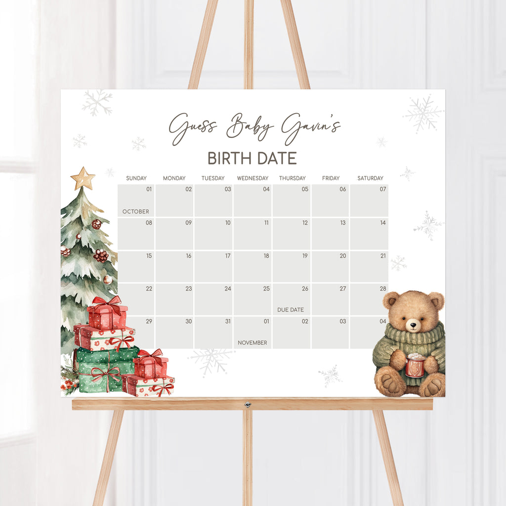 Printable Christmas baby shower due date calendar with teddy bear and holiday design