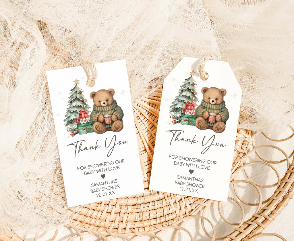 Holiday baby shower favor tags with Christmas teddy bear and tree, printable party decor