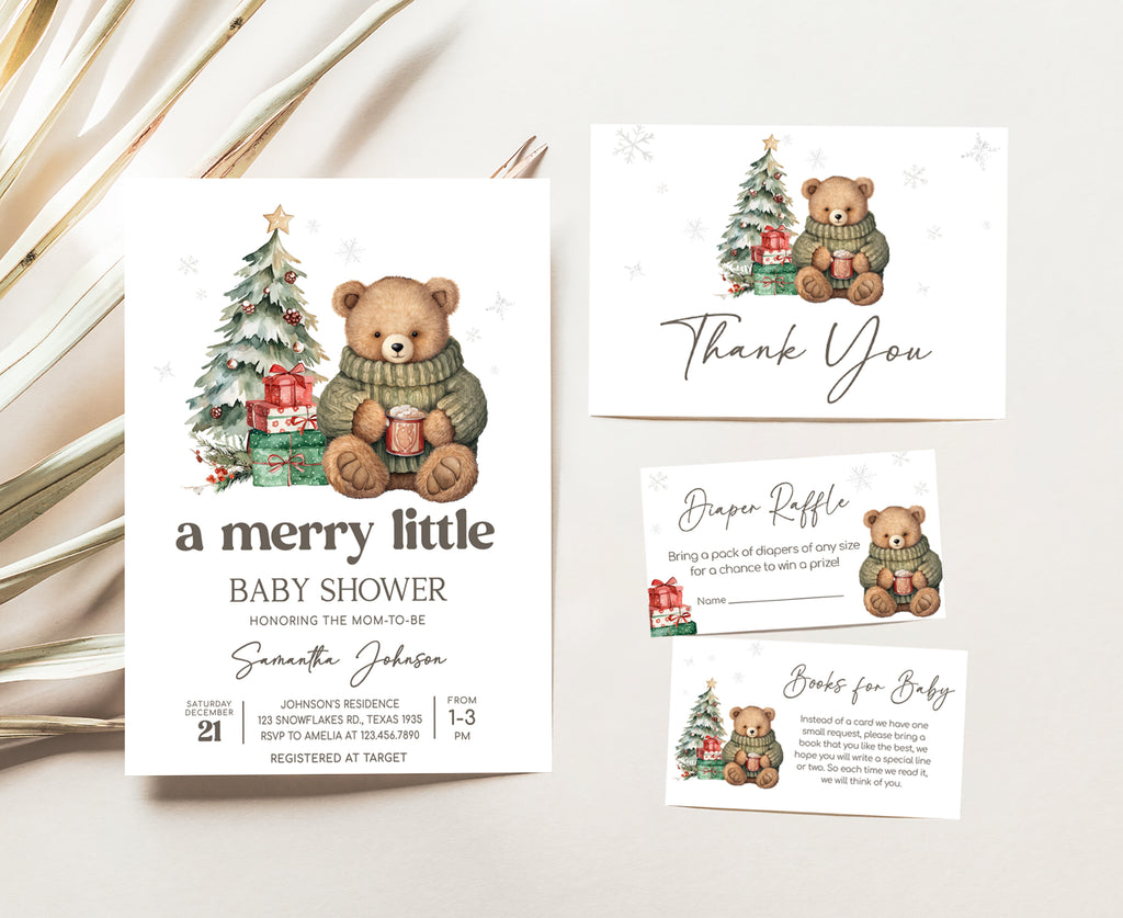 Holiday teddy bear baby shower invitation set with Christmas tree, neutral printable design