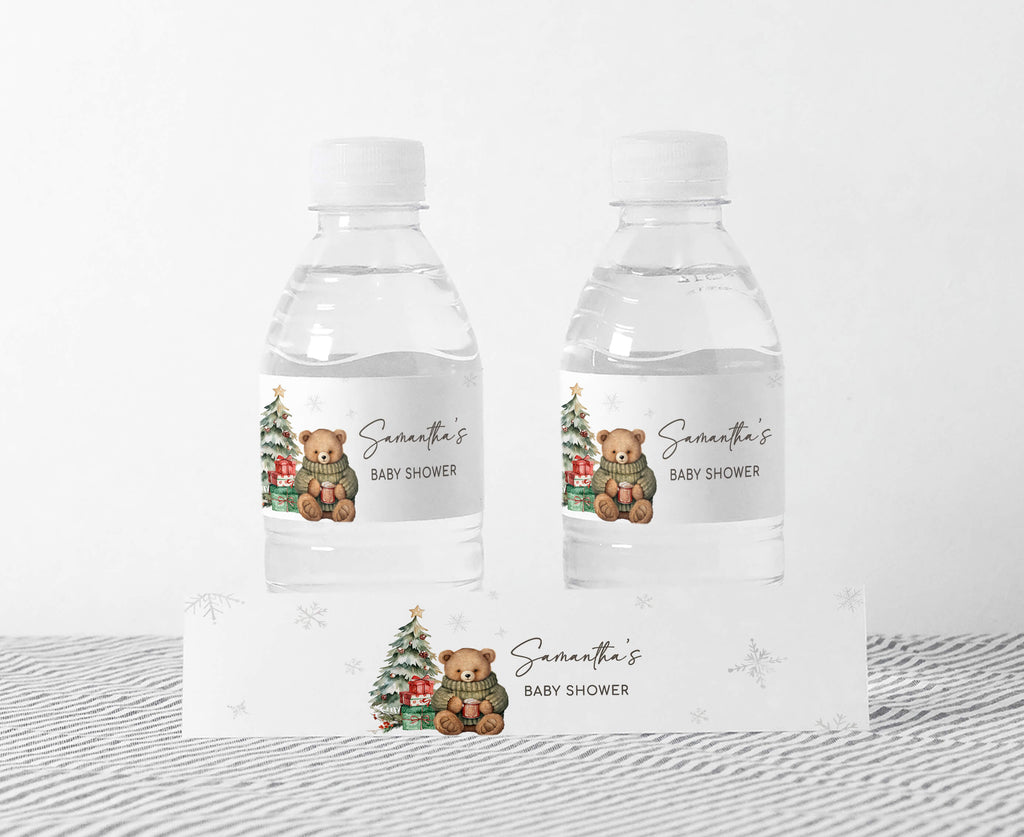 Christmas teddy bear baby shower bottle labels, festive winter holiday party decorations