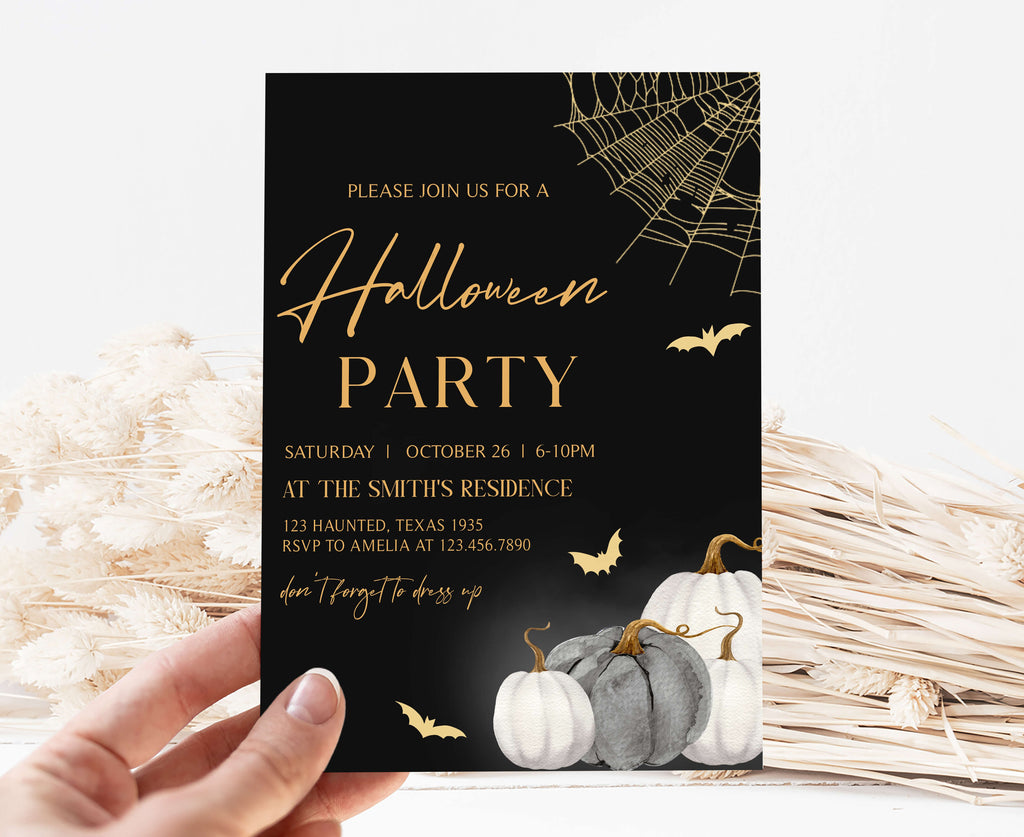 Printable black and gold spooky party invite for October celebrations