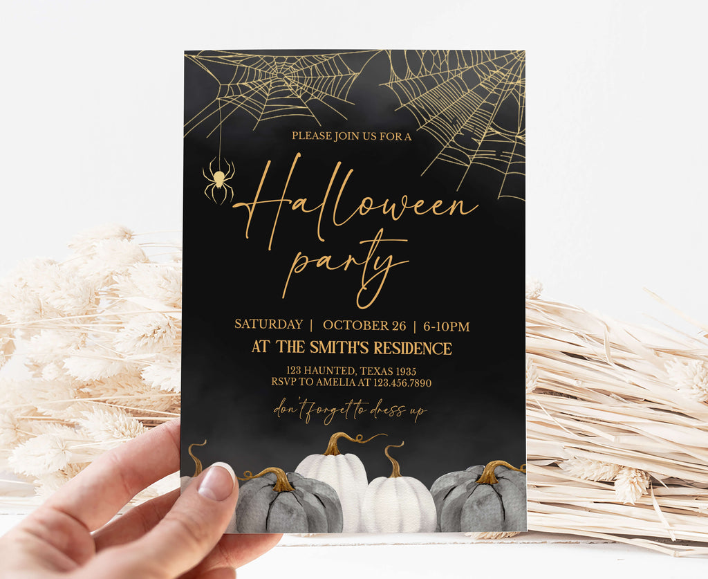 Printable black and gold Halloween party invitation template