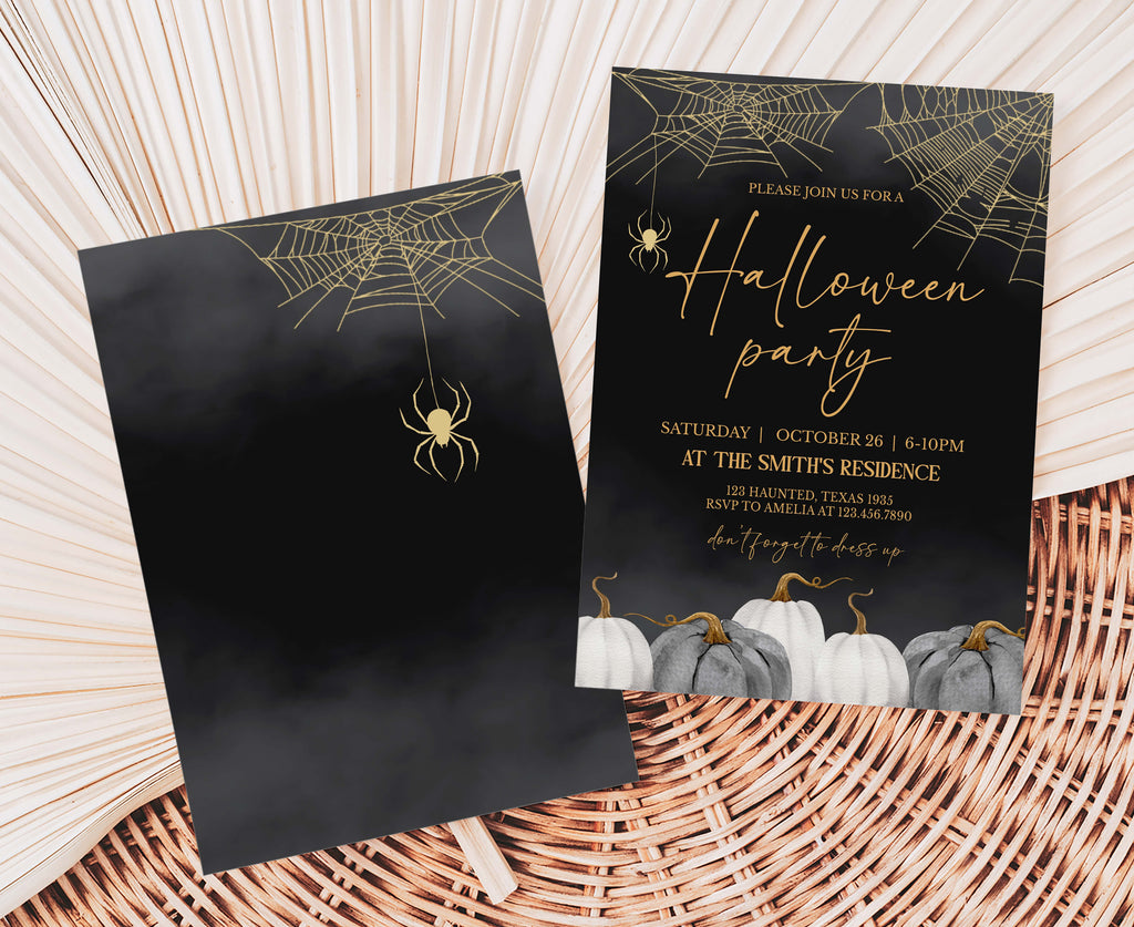 Elegant Halloween invitation with spiderweb and pumpkin design