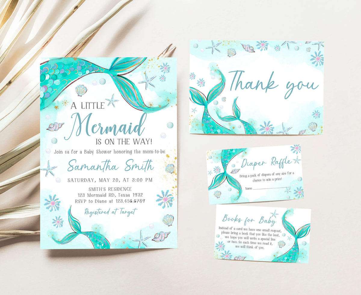 Editable Blue Little Mermaid Baby Shower Invitation Set – Cuddle Palette