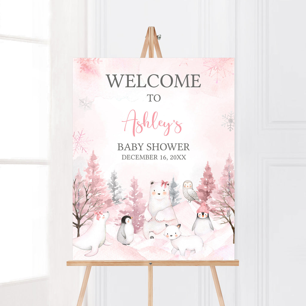 Girl Arctic Animals Baby Shower Welcome Sign