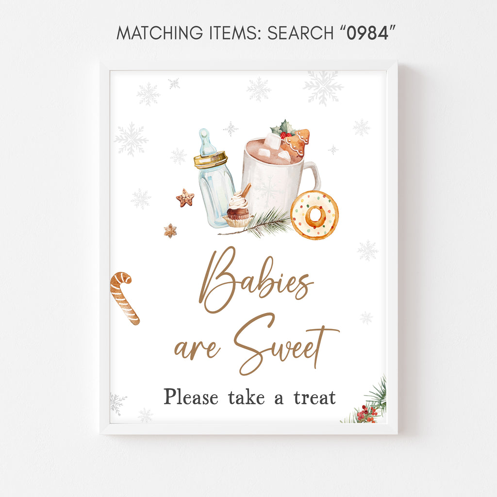 Winter baby shower babies are sweet sign with snowflakes and hot cocoa, rustic neutral design