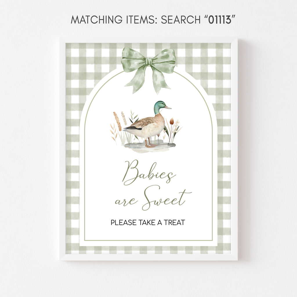 Sage green gingham duck baby shower babies are sweet sign, rustic woodland theme