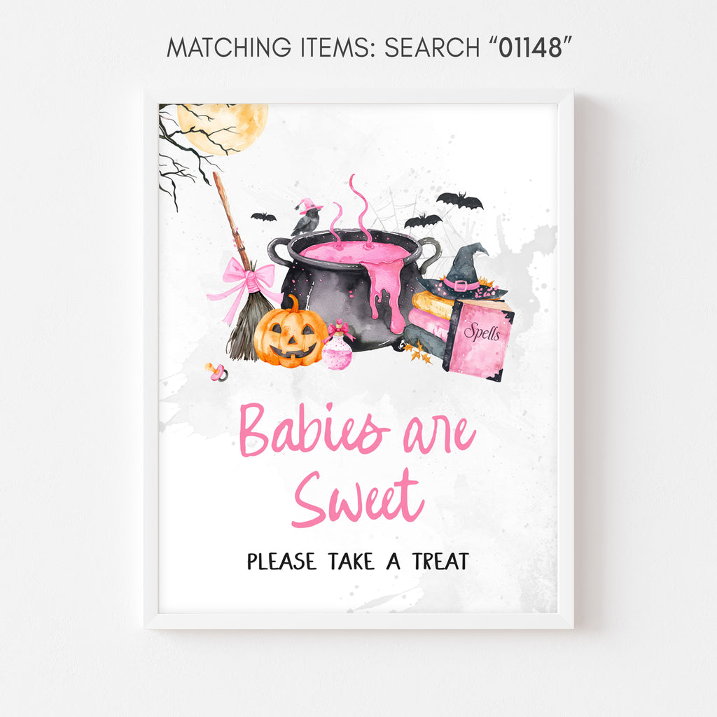 Babies are sweet sign for girl, pink Halloween baby shower with pumpkin and witch cauldron