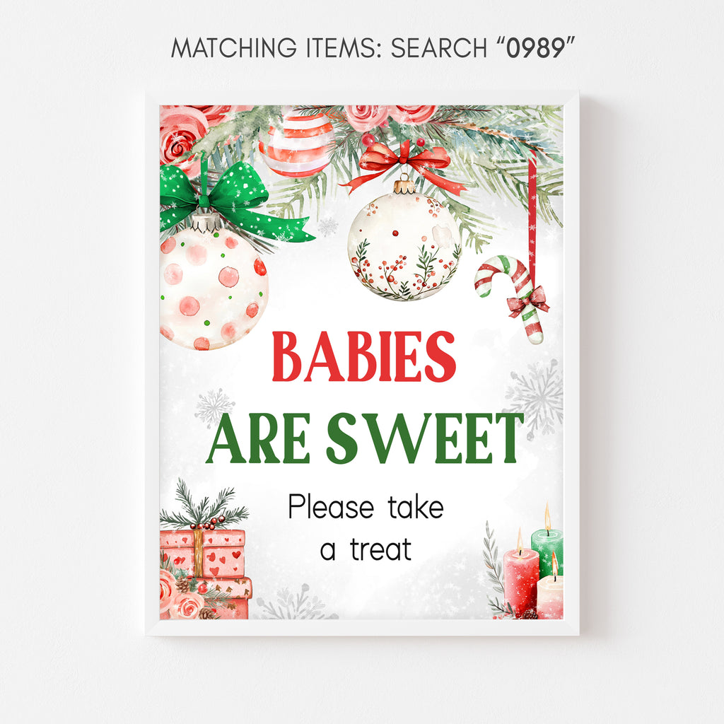 Christmas baby shower "Babies Are Sweet" sign with festive ornaments and holiday candy theme