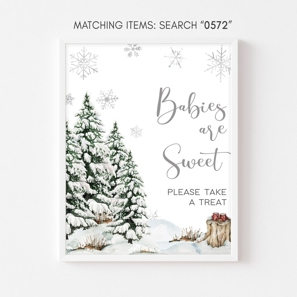 Winter baby shower sign reading “Babies are Sweet,” rustic woodland theme with snowflakes