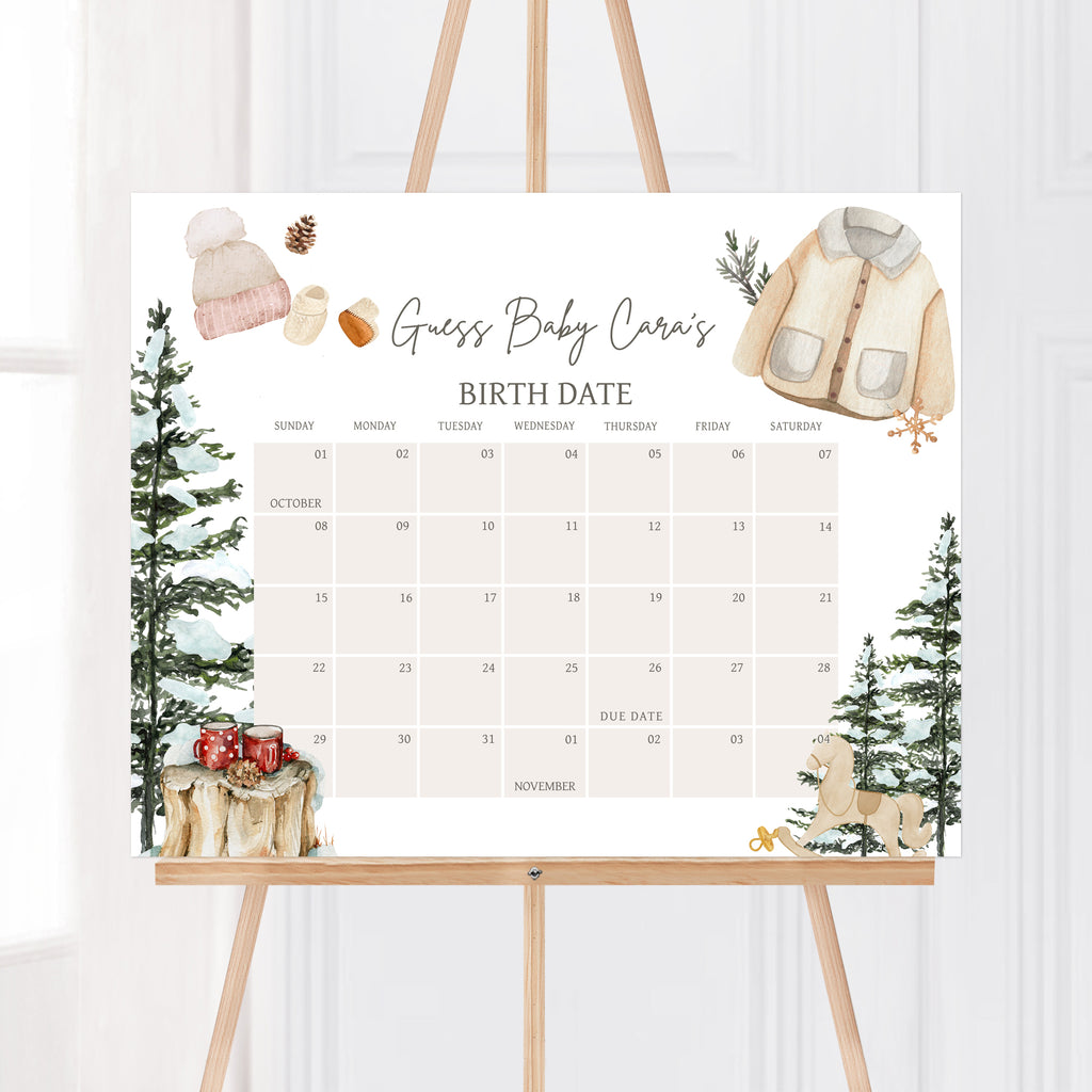 Gender neutral winter baby shower due date calendar printable, rustic woodland baby shower due date guessing game template