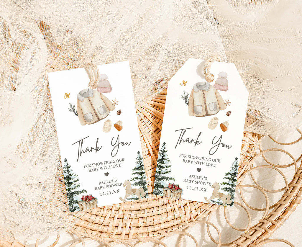Winter baby shower favor tags, gender neutral rustic woodland design, printable baby shower favor tags, cozy winter party stationery
