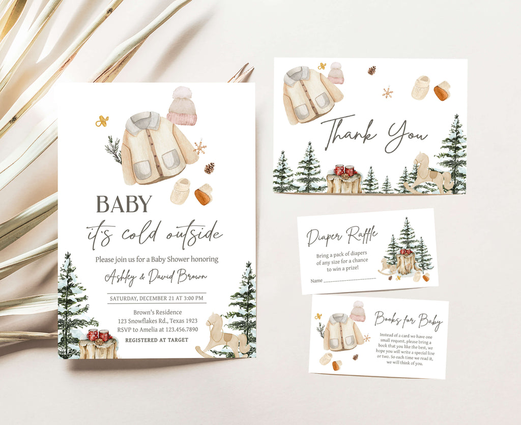Winter baby shower invitation set, gender neutral rustic woodland stationery, printable baby shower bundle with winter invitation and matching designs