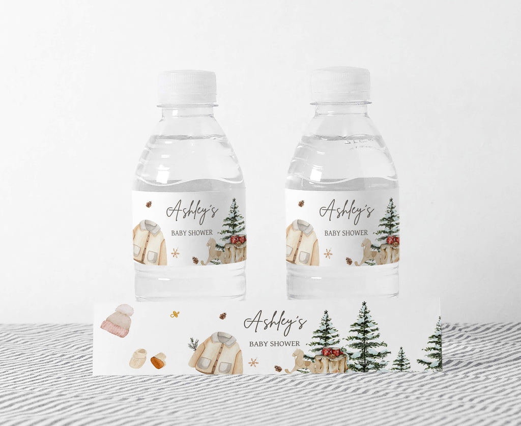 Winter baby shower bottle labels, gender neutral rustic woodland theme