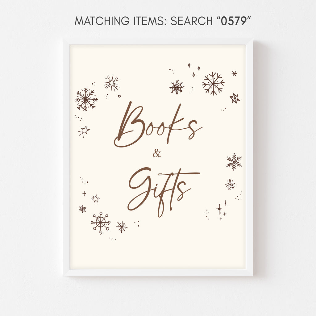 Rustic snowflake baby shower “Books and Gifts” sign, winter theme gender neutral