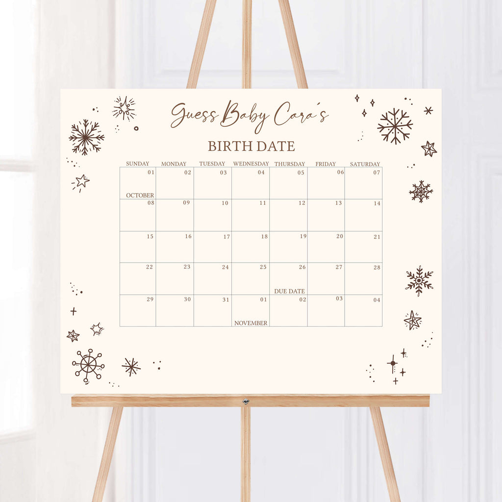 Printable winter baby shower due date calendar with rustic snowflake design, gender neutral style
