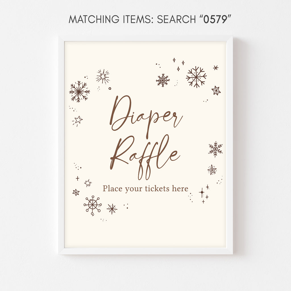 Winter baby shower diaper raffle sign with snowflake design, neutral gender rustic style