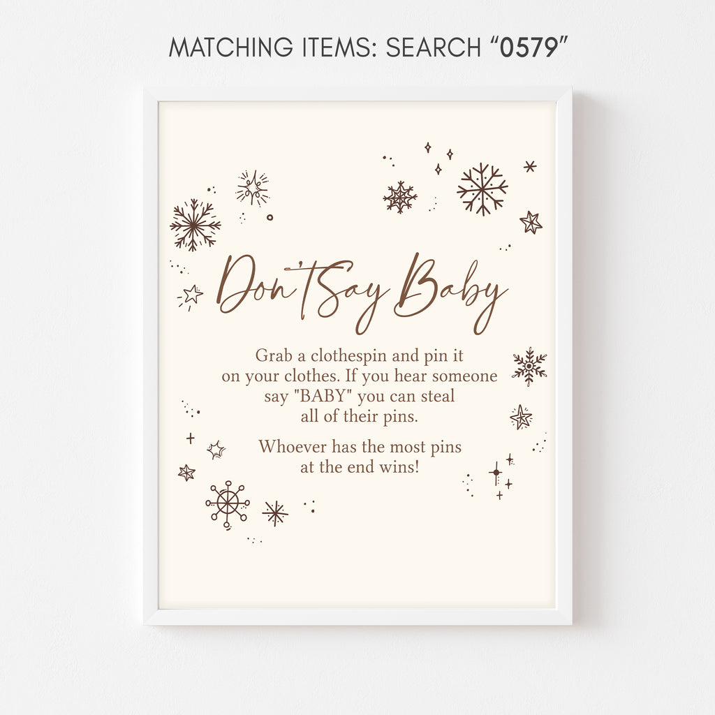 Rustic snowflake “Don’t Say Baby” game sign, winter baby shower neutral printable