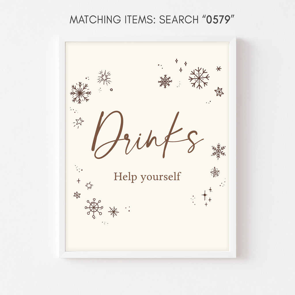 Neutral rustic baby shower drinks sign with winter snowflake design