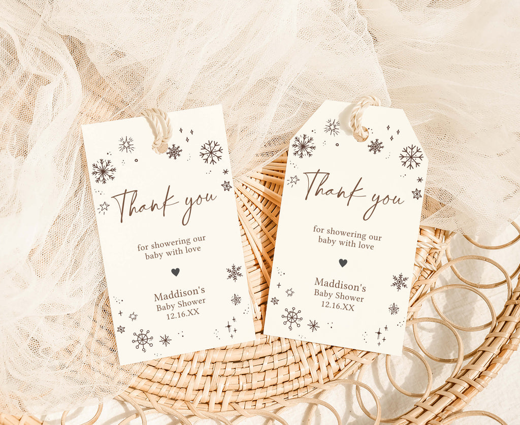 Rustic snowflake winter baby shower favor tags, neutral “Baby It’s Cold Outside” shower design