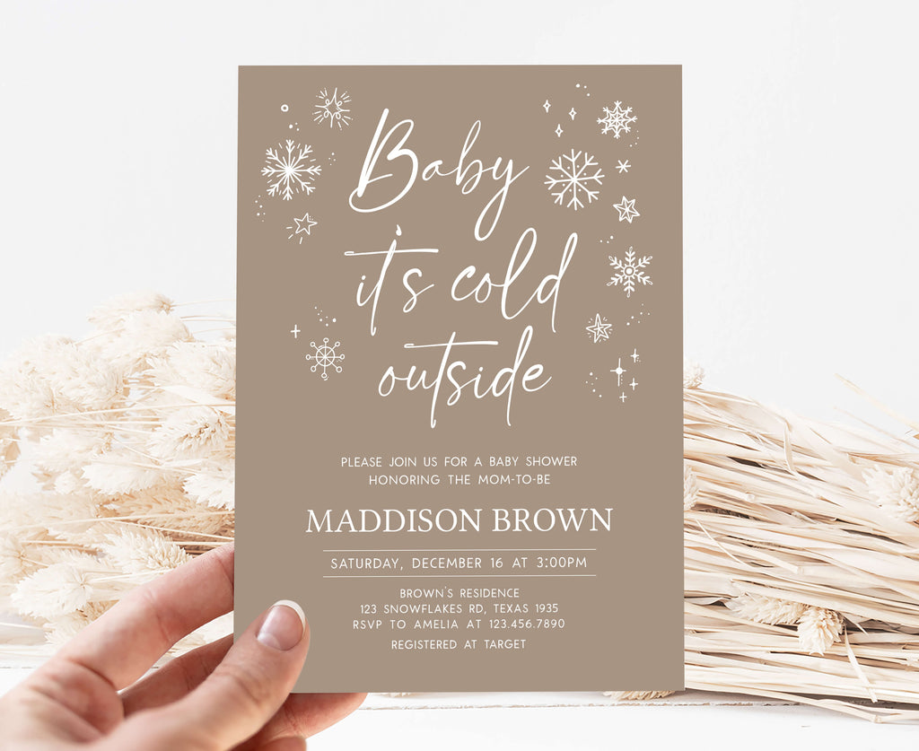 Printable gender neutral winter baby shower invitation, Baby it’s cold outside snowflake shower invite template