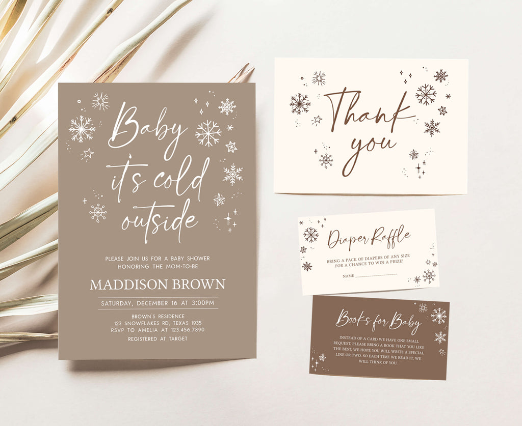 Baby It’s Cold Outside winter baby shower invitation set with rustic snowflakes, neutral gender design
