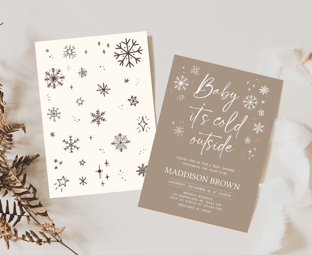 Rustic holiday baby shower invitation for winter theme, editable neutral baby shower invitation for boy or girl