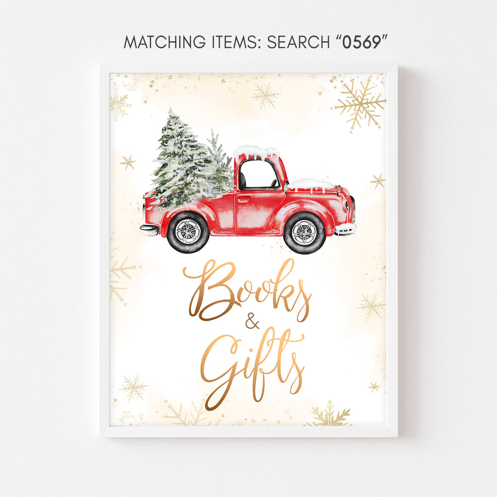 Winter baby shower books and gifts sign with rustic red truck and gender neutral design