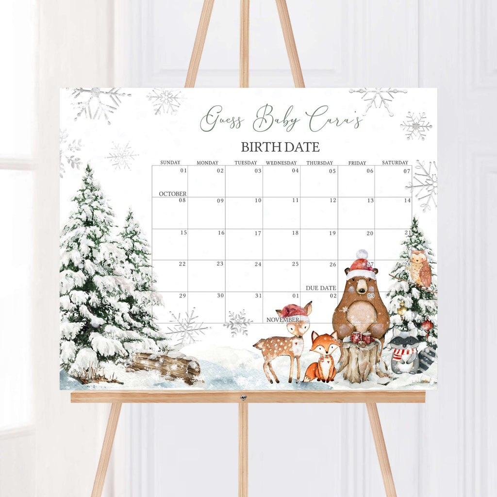 Winter woodland baby shower due date calendar, rustic Christmas design with woodland animals and snow theme
