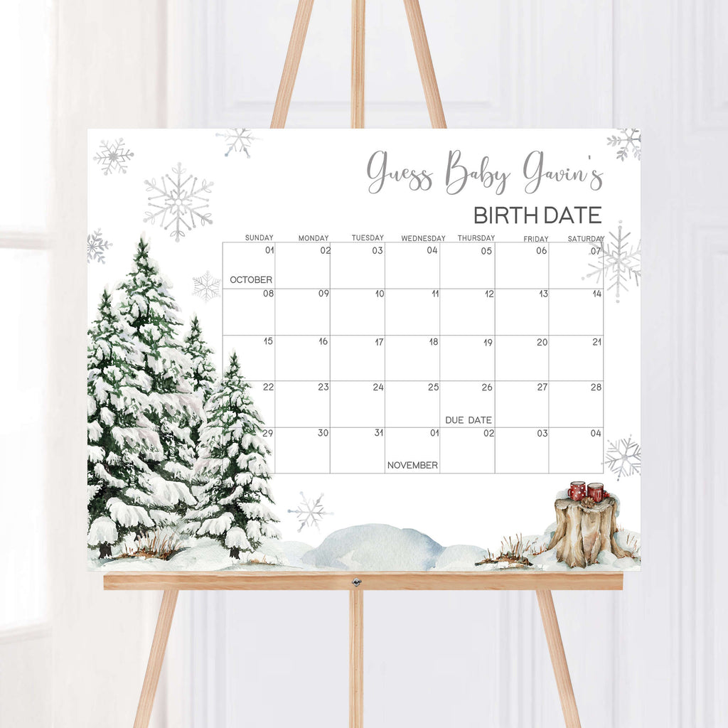 Baby it’s cold outside winter due date calendar, woodland baby shower game, gender neutral