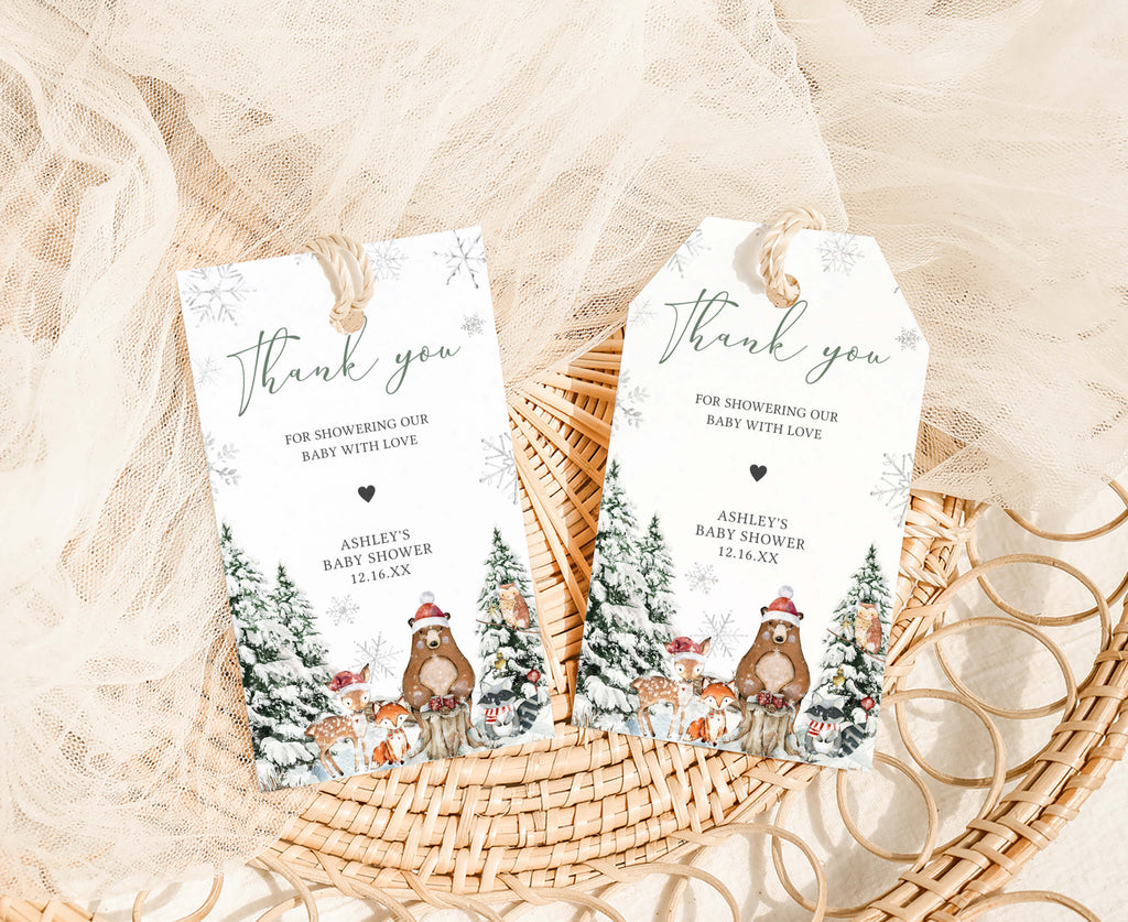 Christmas baby shower favor tags with woodland animals and snowflakes, rustic winter holiday design