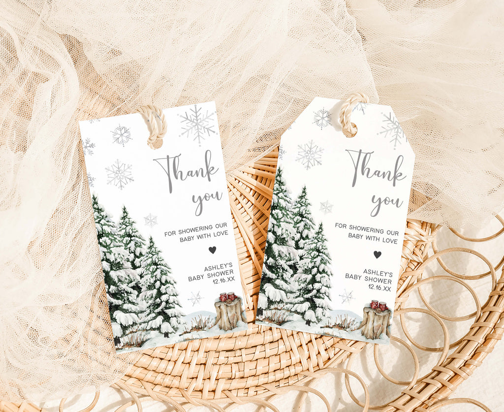 Rustic winter baby shower favor tags with snowy trees and snowflake design, neutral theme